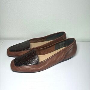 Enzo Angiolini Liberty Brown Leather Croc Square Toe Loafers Old Money Italy 9.5